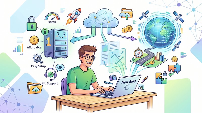 Современная иллюстрация с ноутбуком и элементами сети для выбора виртуального хостинга начинающему блогеру